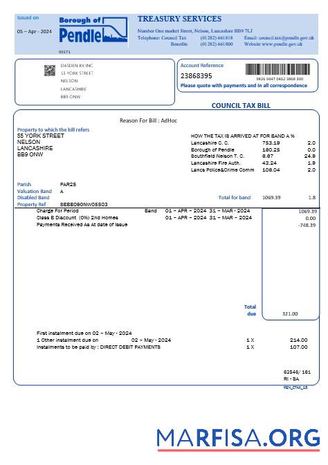 Downloadable United Kingdom Borough of Pendle council tax business utility bill template in Word and PDF formats